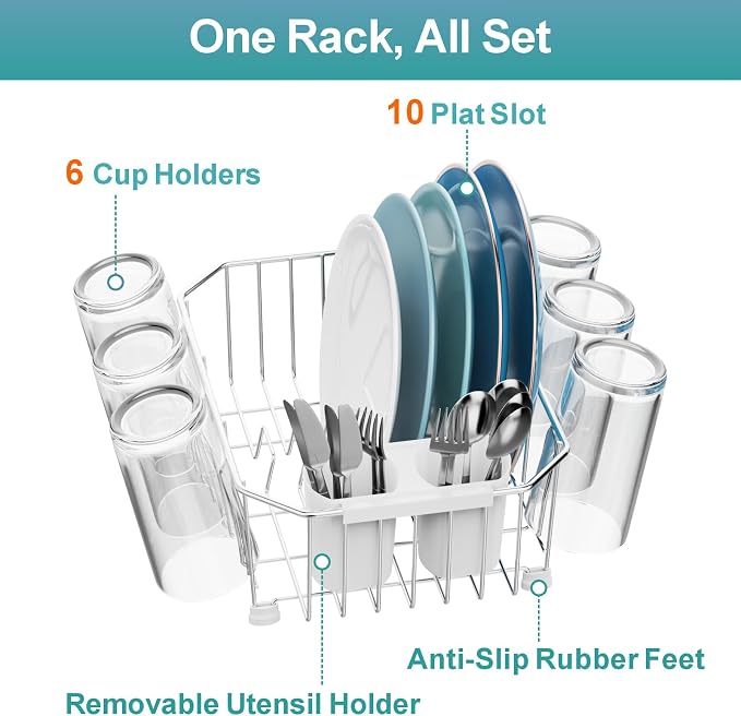 Mini in Sink Dish Drying Rack - Stainless Steel for RV Kitchen | Small Design for Apartments, Angled Corners Fit Square & Round Sinks, Utensil Holder, Cup Hooks, Save Space, 9.5" W x 13.4" L