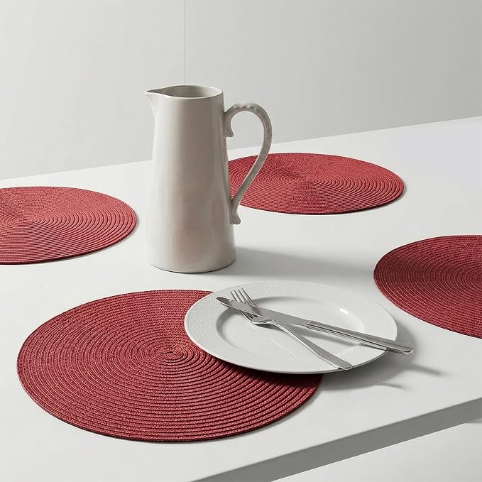 AHHFSMEI Round Placemats Set of 6 Heat Resistant Washable Non-Slip Woven Braided Table Mats for Dining Table Kitchen & Home Decor (Burgendy Red)
