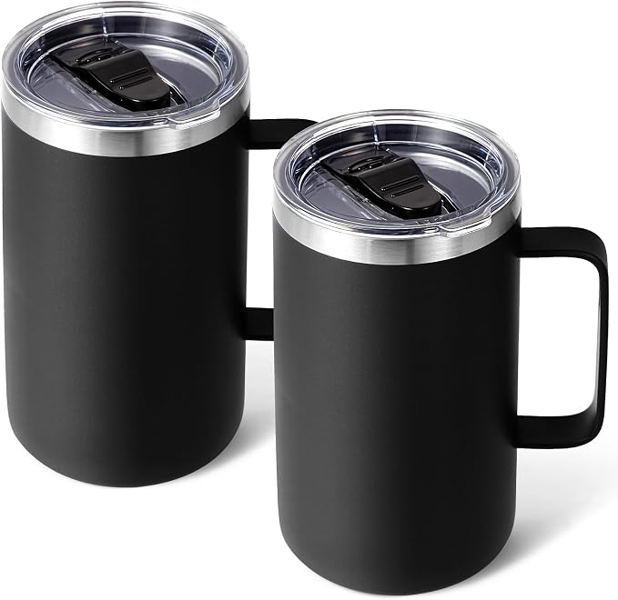 Volhoply 22oz Insulated Stainless Steel Coffee Mugs with Leakproof Lid Bulk 2 Pack,Double Wall Vacuum Travel Coffee Cup with Handle,Reusable Metal Tumbler,Camping Mug Keep Hot&Cold(Black,2)