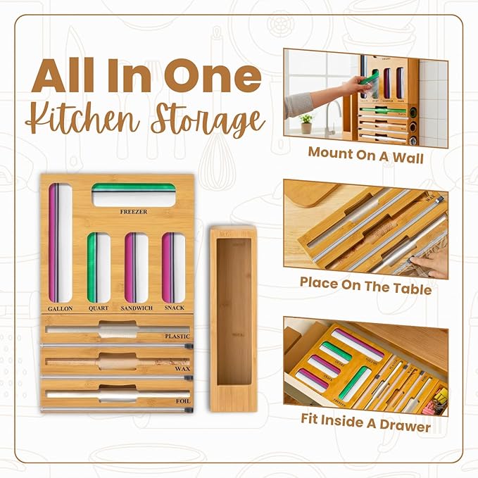 9 in 1 Storage Bag Organizer for Kitchen Drawer, Bamboo Foil and Plastic Wrap Dispenser with Cutter, Food Storage Bag Organizer for Quart, Gallon, Sandwich & Snack Bags, Aluminum Foil Organizer