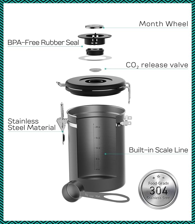 Coffee Gator Coffee Canister, 22oz Airtight Stainless Steel Kitchen Food Storage Container with Date-Tracker, CO2-Release Valve and Scoop for Beans, Grounds, Sugar, Cookies Jars, Tea, Cereal - Gray