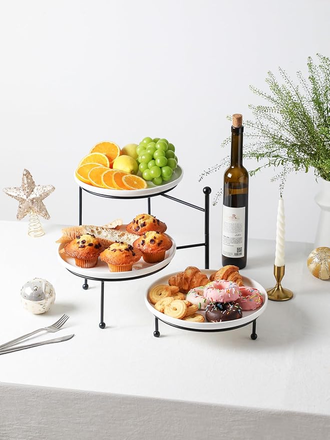 Kanwone 3 Tiered Serving Stand with White Porcelain Plates, 10.3" Round Tray, Dessert Table Display Set, Black Metal Stand, Versatile & Durable