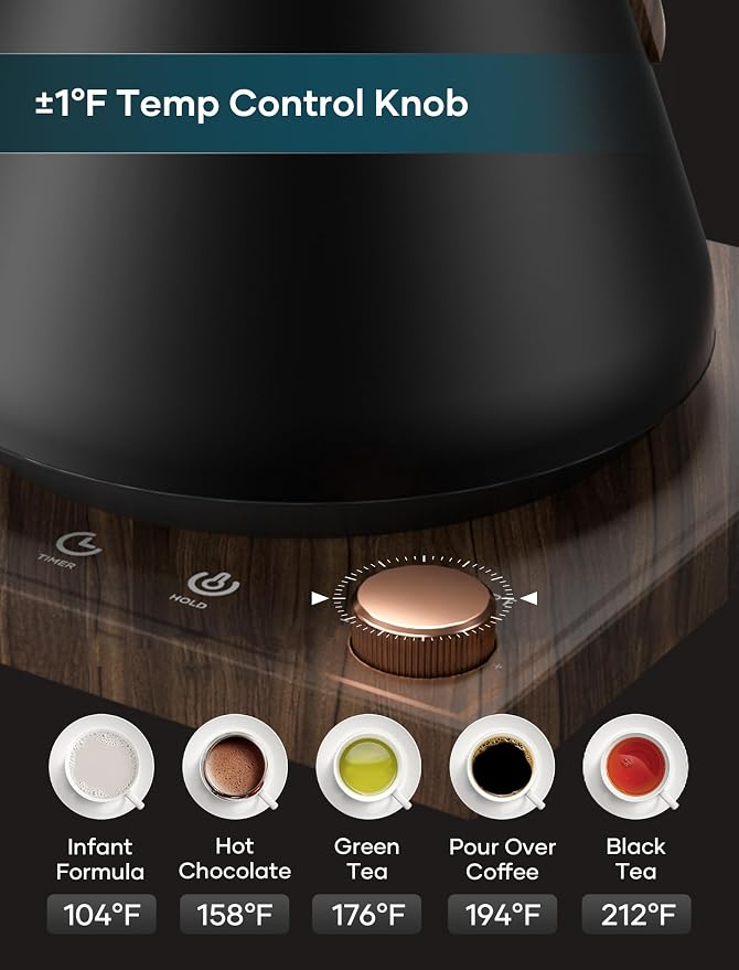 INTASTING Gooseneck Electric Kettle with 1℉ Temperature Control, 0.9 Liter | Fast Heating, Stainless Steel Interior, for Pour Over Coffee, Tea & Boiling Water, Keep Warm, Auto Shut-Off, Onyx Black