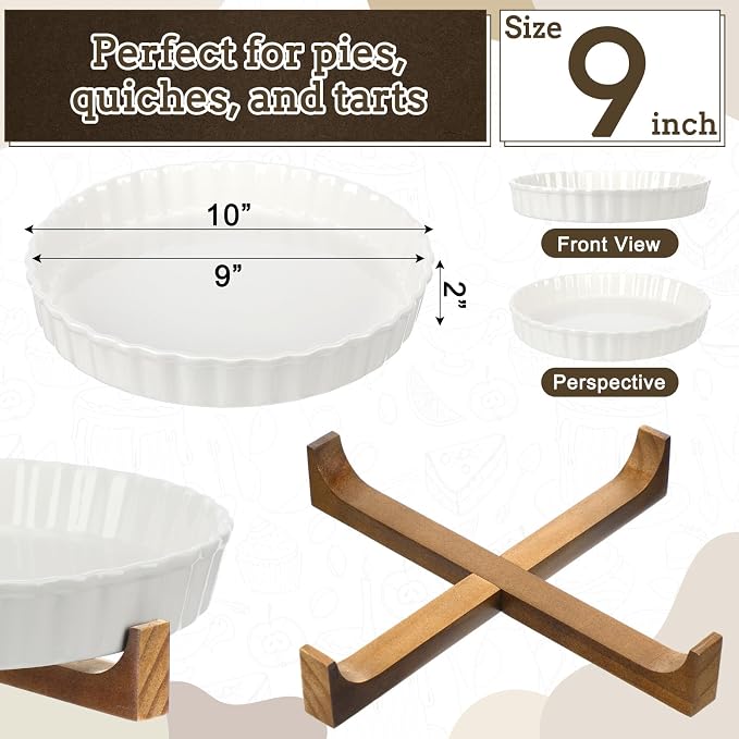 LemonRoad 9 Inch Ceramic Pie Pan with Wood Stand, Deep Fluted Dish | Quiche Dish for Tart Pot Pie, Wooden Stand for Serving, Oven Safe for Creme Brulee Cheesecake, Fluted Ceramic Baking Pan