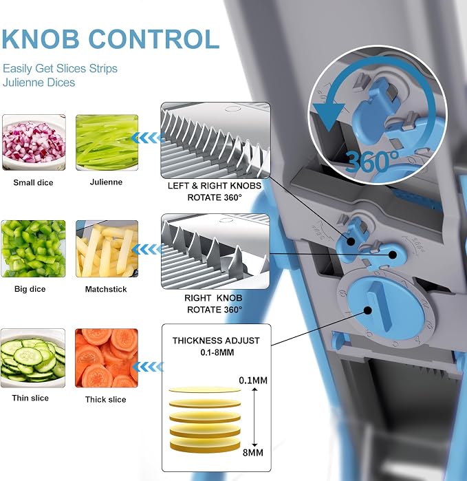 Safe Mandoline Slicer for Kitchen, 6 in 1 Vegetable Chopper, Potato Slicer | Safe Mandoline Slicer, French Fry Cutter For Potatoes, Potato Slicer, Food Chopper, Adjustable Thickness 0.1-8 mm with Brush