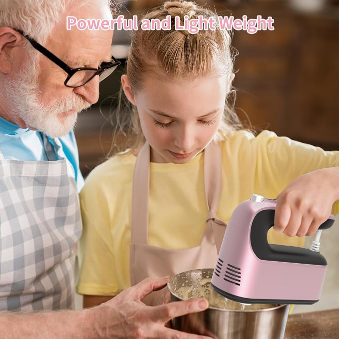 Yomelo 9-Speed Digital Hand Mixer Electric, 400W Powerful DC Motor, Hand Mixer Electric Handheld with Snap-On Storage Case, 5 Stainless Steel Accessories, Beaters, Dough Hooks, Whisk(Rose Gold)
