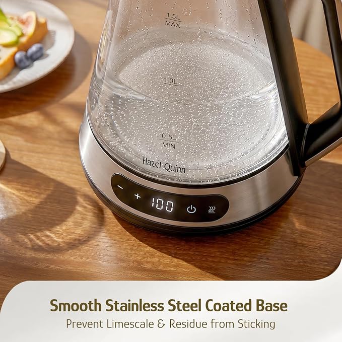 Hazel Quinn Glass & Stainless Steel Electric Kettle, 1.5 Liters Tea Kettle | Quiet Boil, ±1°C Temp Control, 24H Keep Warm, Anti-Residue Bottom, Auto Shut-Off, BPA-Free Hot Water Kettle, 1000W Fast Boil