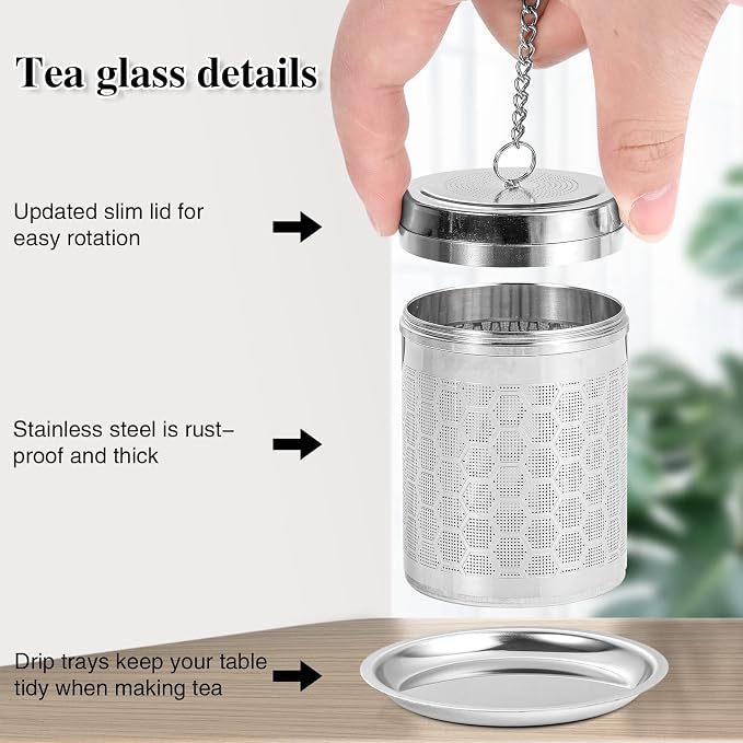 2 Pack Large Tea Infusers For Loose Tea, Stainless Steel Fine Mesh | 304 Stainless Steel, Fine Mesh Filter, Threaded Lid, Chain Hook, Drip Trays, Fits Cups And Teapots, For Tea And Spices
