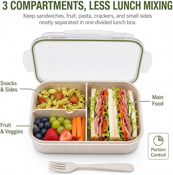 MISS BIG® Bento Lunch Box for Adults & Kids, 1900ml, 3 Compartments, White | 1900ml BPA-free 3-compartment lunch box for adults, kids and dry foods