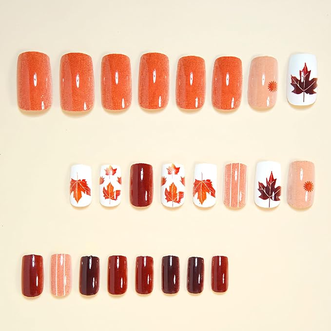Fall Press on Nails Medium Square Fake Nails with Maple Leaves Designs Nails Press ons Brown False Nails Reusable Stick on Nails for Women 24 Pcs