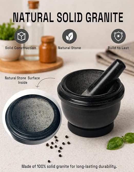 HITROCK Granite Mortar and Pestle 2 Sets, 6 Inch Heavy Duty Stone Grinder Bowl with Silicone Anti-Slip Base & Handle Protector, for Guacamole, Salsa, Pesto, Spices, 2.3 Cup & 3.2 Cup Capacity, Black