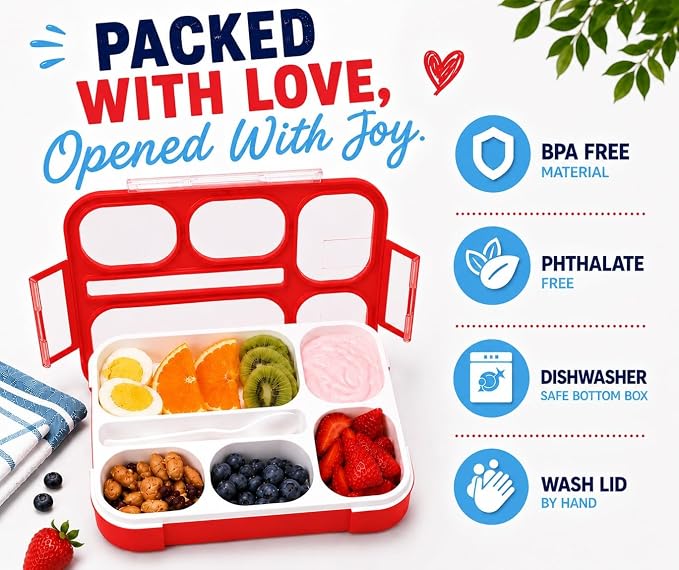 kinsho Bento Box Kids Lunch-Box, Snack Containers for Toddler Daycare, Leakproof School Bentobox 6 Compartment Container for Boys Girls Adults Lunches, Utensils, Red