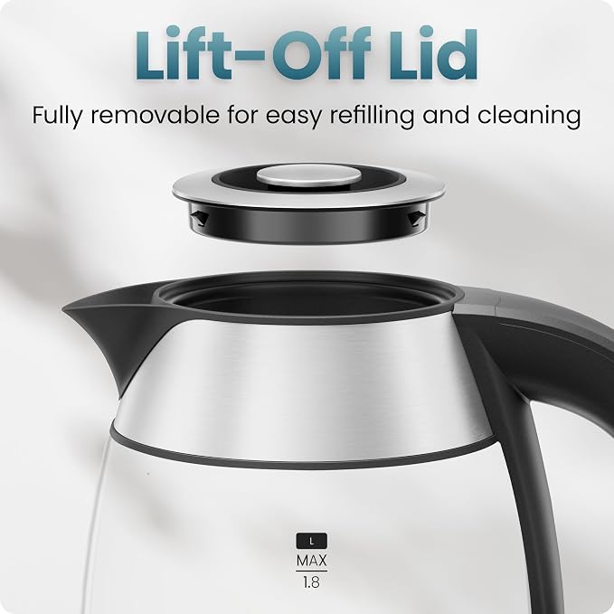 Chefman Electric Kettle 1500W, 1.8L Hot Water Boiler, Removable Lid for Easy Cleaning, LED Indicators, Auto Shutoff & Boil-Dry Protection, Borosilicate Glass Electric Tea Kettle – Stainless Steel