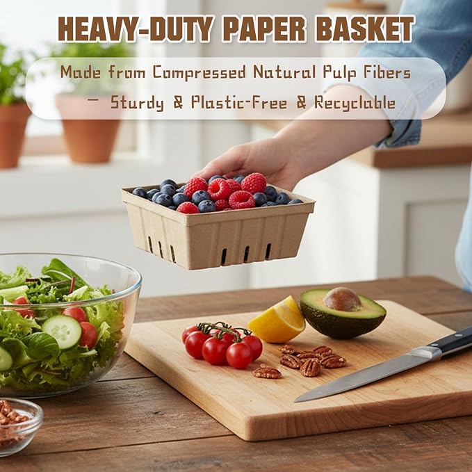 Natural Pulp Fiber Berry Baskets, 20 Pack 1-Quart (2 Pint) Large Vented Produce Containers for Fruits, Veggies & Berries, Farm Stand, Farmer Market, Garden Harvest & Party Favors