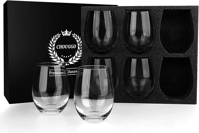 Chouggo Stemless Wine Glasses Set of 6, Hand Blown Premium Crystal Red Wine or White Wine Glass 18Oz - Hand Crafted by Artisans - Gifts for Women, Men, Wedding, Anniversary, Christmas, Birthday