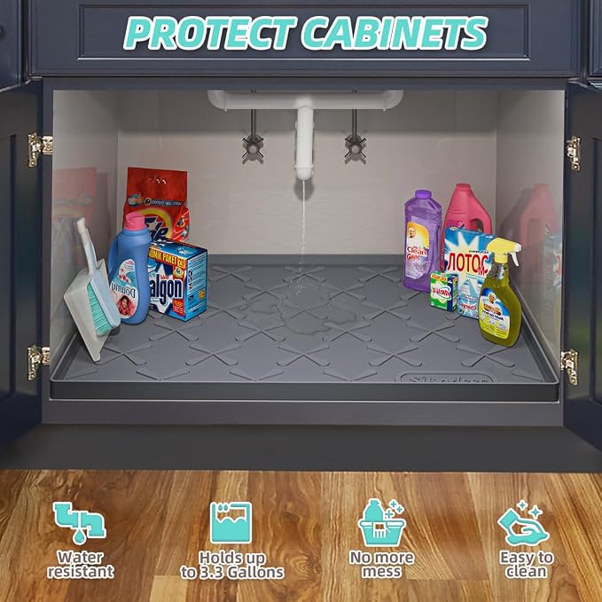 Waterproof Under Sink Mat Silicone 25"x19", Kitchen Cabinet Liner | BPA-Free Silicone Mat with Raised Lip Protects Cabinets from Leaks, Versatile Home Organizer for Bathroom, Pets, Boots, Floor