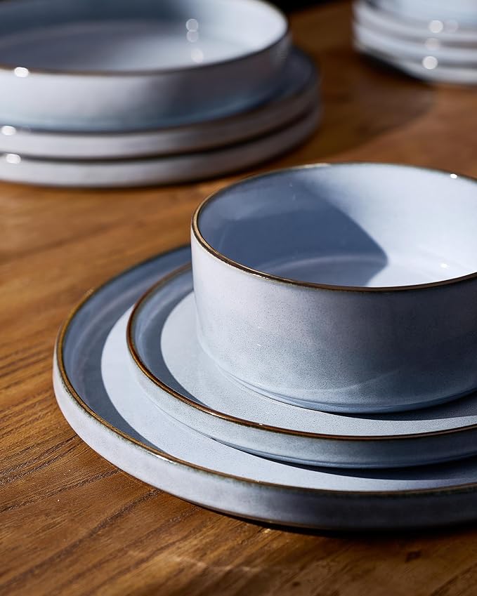 Famiware Annecy 12-Piece Stoneware Dinnerware Set, Reactive Blue | Stoneware Plates and Bowls for 4, Handmade Reactive Glaze, Microwave & Dishwasher Safe, Chip & Scratch Resistant