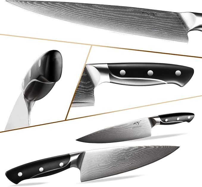 18 Pieces Damascus Kitchen Knife Set, 8 Piece Steak Knives, Non-slip ABS Ergonomic Triple Rivet Handle for Meat Fork, Knife Sharpener and Shears, 17 Slots Fraxinus Manchuria Knife Block (Grey)