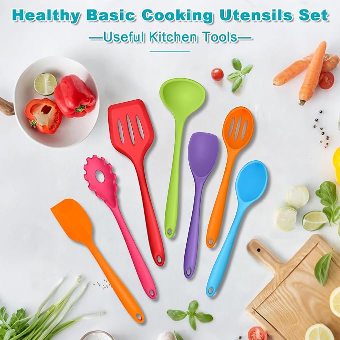 TeamFar Silicone Cooking Utensil Set of 7, Kitchen Cooking Utensil Set | Multi-Color Kitchen Tools Turner Spoon Spatula Ladle for Nonstick Cookware, Healthy & Heat Resistant & Dishwasher Safe