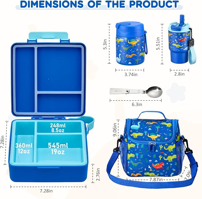 Pawtong Lunch Box Set with Bento Box Container, 17OZ Stainless Steel Food Soup Thermo, Kids Water Bottle & Portable Insulated Lunch Bag, Leakproof, Hot/Cold Retention for School, Travel (Dinasour)