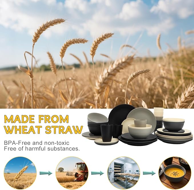 PYRMONT 40-Piece Premium Wheat Straw Dinnerware Sets Unbreakable Plates and Bowls Sets for 8-Cereal Bowls,Kitchen Cups,Dining Plate Set for Patio,Outdoors,Beach-Grey Stone