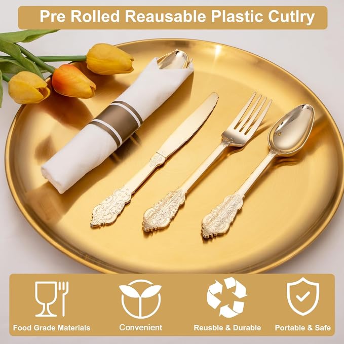 400PCS Gold Wrapped Silverware Disposable Fancy for Parties Weddings | Pre-Rolled and Individually Wrapped, 100 Guests, Durable and Sturdy, BPA free, Includes Matching Napkins, for Elegant Dinners
