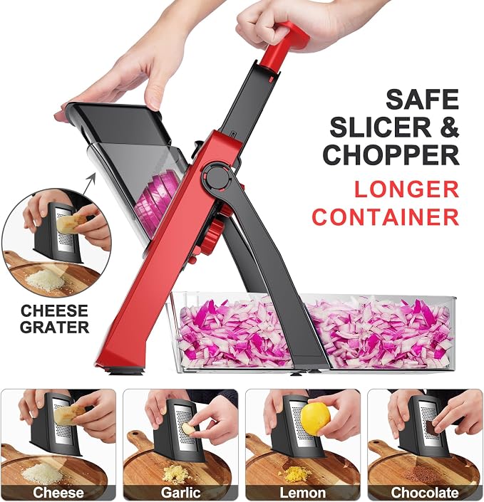 SupMaKin Safe Mandoline Slicer for Kitchen,Pptato Slicer, Vegetable Onion Chopper, French Fry Cutter, Adjustable Thickness, Julienne & Dicer Salad Chopping Artifact (4V RED)