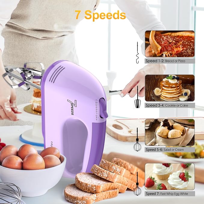 LILPARTNER Hand Mixer Electric, Ultra Power Kitchen Hand Mixer With 7-Speed & 5 Stainless Steel Accessories for Whipping Dough, Cream, Cake, Dishwasher Safe, Light Purple