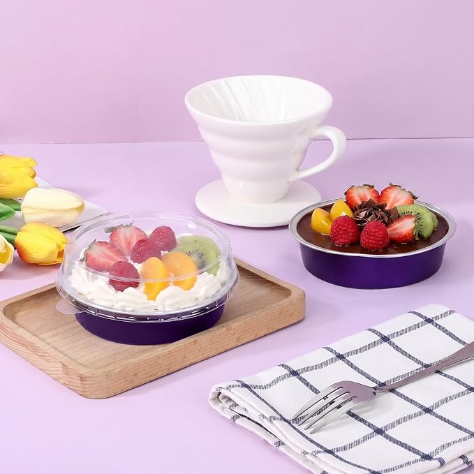 Beasea 7.3oz Cheesecake Pan with Lids, 20 Pack 4 Inch Round Aluminum Foil Disposable Tart Tins, Cupcake Container with Lids Mini Pie Tart Pans Baking Cups For Pizza Quiche - Violet Purple