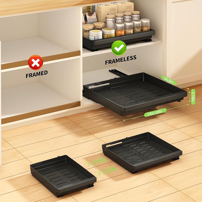 DOMNIU Pull Out Cabinet Organizers Expandable,Black,20.8" Depth,2 Pack | Slide Out Drawers for Kitchen, Bathroom, Pantry, Under Sink Storage, Fixed with Adhesive Nano Film (13''-19'')