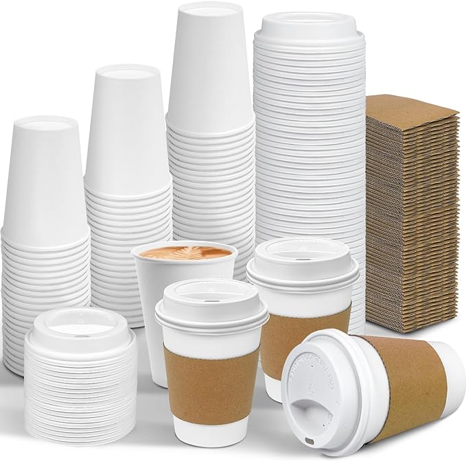 Ginkgo 100 Pack 12 oz Leak-Proof Coffee Cups with Lids and Sleeves | Disposable To Go Hot Travel Paper Cups, Hot Chocolate, Cocoa, Tea , Coffee Bar Accessories