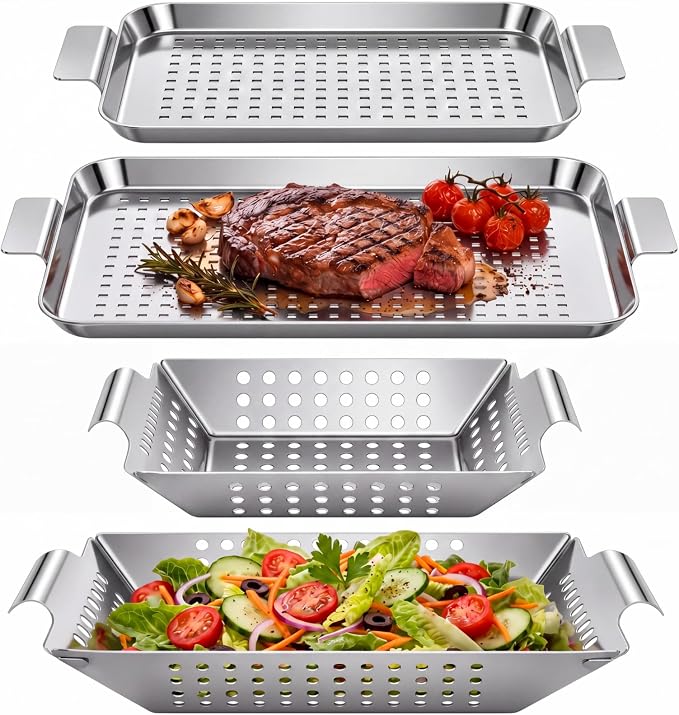 4 Pack Grilling Accessories Outdoor Grill Topper Vegetables Grill Baskets for BBQ, Grilling Pans Trays Griller Baskets with Holes and Handles, Carbon Steel