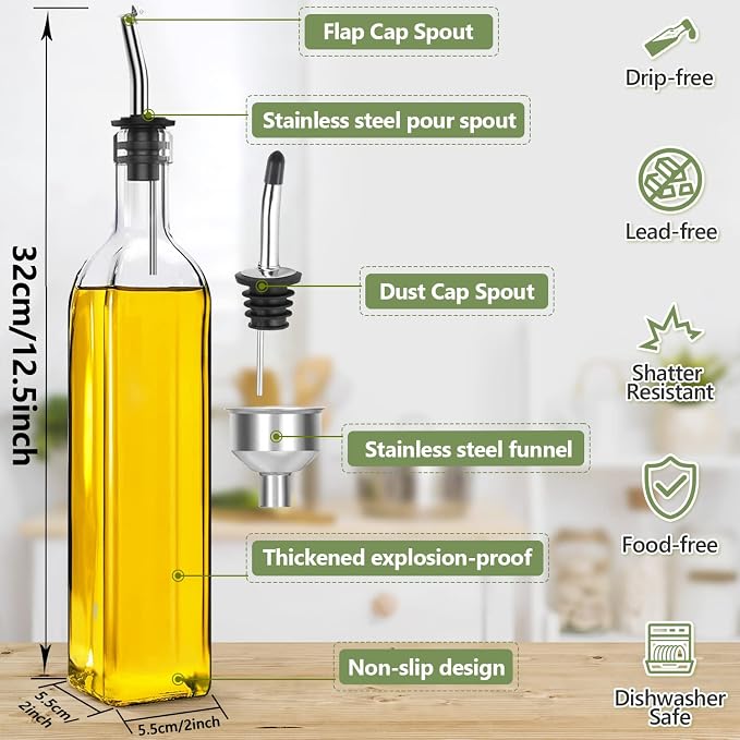 Leaflai 17oz Olive Oil Dispenser Bottle, 500ml Oil & Vinegar Cruet with 2 Stainless Steel Pourers, 2 Labels,1 Brush and 1 Funnel for Kitchen