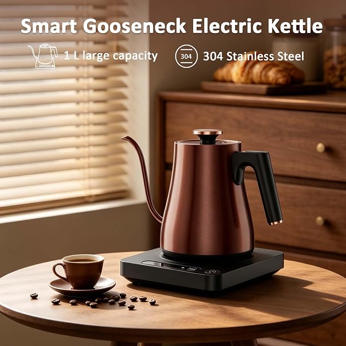 Gooseneck Electric Kettle 1.0L,1000W, Smart, Pour Over, Copper | 104-212°F, LED Digital Display, Touch control, Keep Warm, 304 SS BPA-Free, Auto Shut-Off, BPA-Free, For Pour Over & Tea