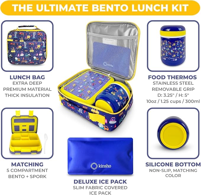 kinsho Bento Lunch Box Set with Thermo, Bag & Ice Pack, Blue Yellow Trucks | 5 Compartments, Removable Tray, Small Meal Snack Container Kids Boy Toddlers, Daycare Pre-School Kindergarten, Steel Food Jar