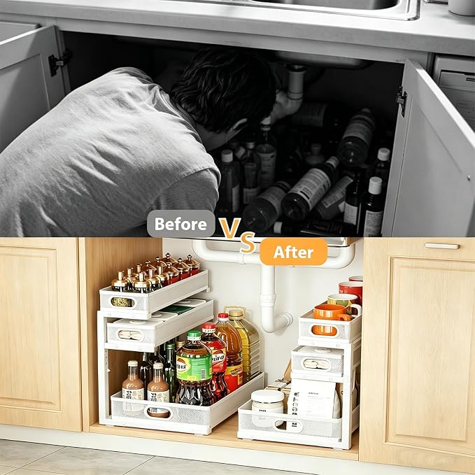 2 Pack Under Sink Organizer, 3-Tier Pull Out Kitchen Cabinet Organizer with 5 Adjustable Heights Metal Slide Out Bathroom Storage Makeup Drawer Rack for Bedroom Office Pantry Home Organization, White