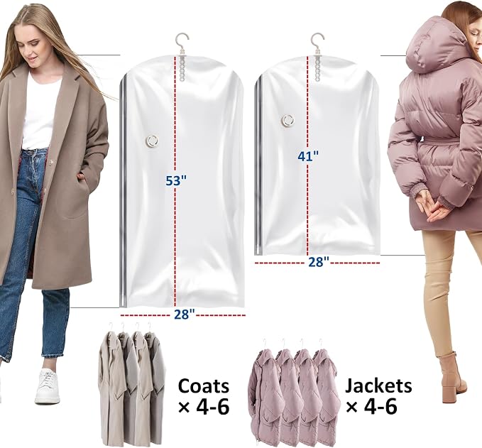 Hanging Vacuum Storage Bags, Space Saver for Clothing, 4 Combo with Pump | Vacuum Seal Bags for Clothing with Electric Pump, Hanging Garment Storage for Jackets, Suit, Dresses, Winter Closet Organizer
