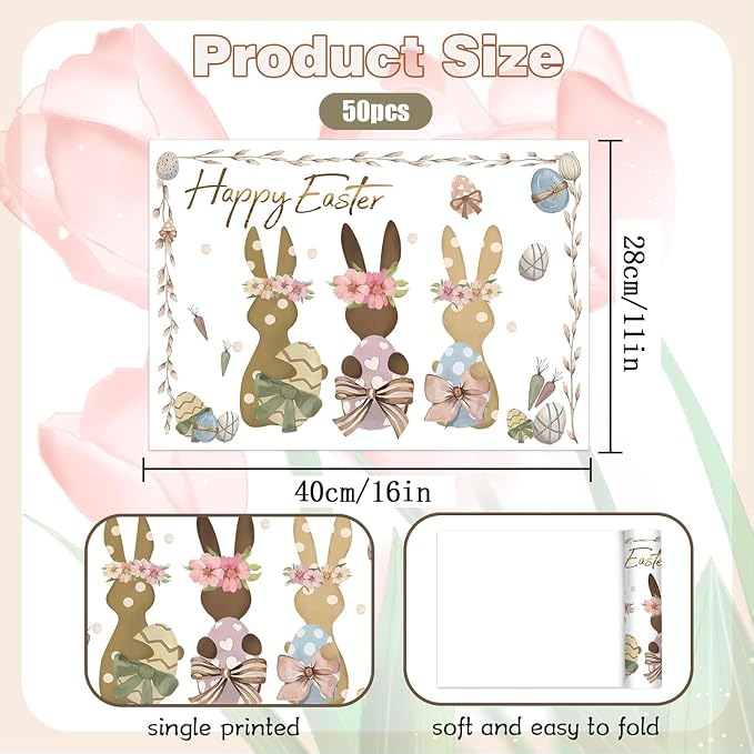 50 Pack Rabbits Eggs Happy Easter Placemats, Easter Theme Table Mats | 16x11 inch Bunny Disposable Placement Mats for Seasonal Holiday Kitchen Dining Table Decoration