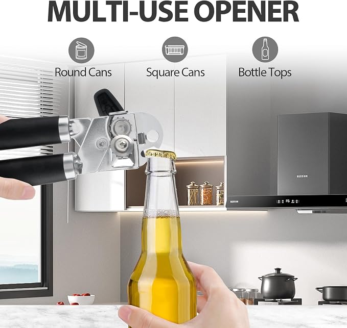 Safring Can Opener Manual, Heavy Duty Handheld Strong Can Opener with Soft Touch Handle, Sharp Blade Smooth Edge, Can Openers with Multifunctional Bottle Opener, Black