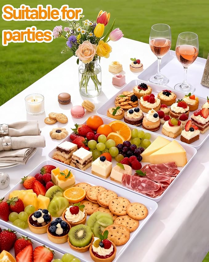 YOUBET 8PCS White Plastic Serving Trays for BBQ, Picnic, Party, Wedding | Plastic Trays for Serving Food - Super Strong Disposable Platters, Heavy Duty Plastic Trays