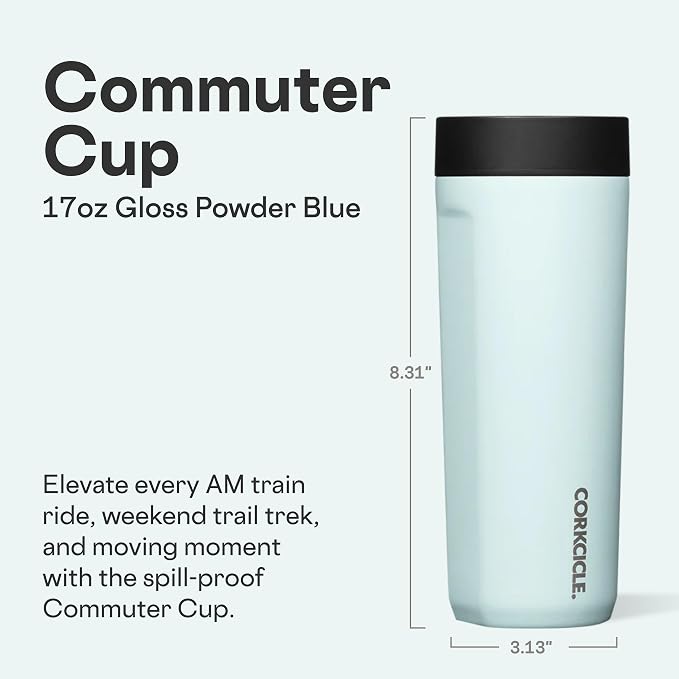 Corkcicle Commuter Cup Travel Mug - Insulated Coffee Mug with Lid - Keeps Drinks Cold 18 Hours - 360° Spill-Proof Sip Lid - Holiday Gift - Great for Gifting Warmth - 17 oz - Powder Blue