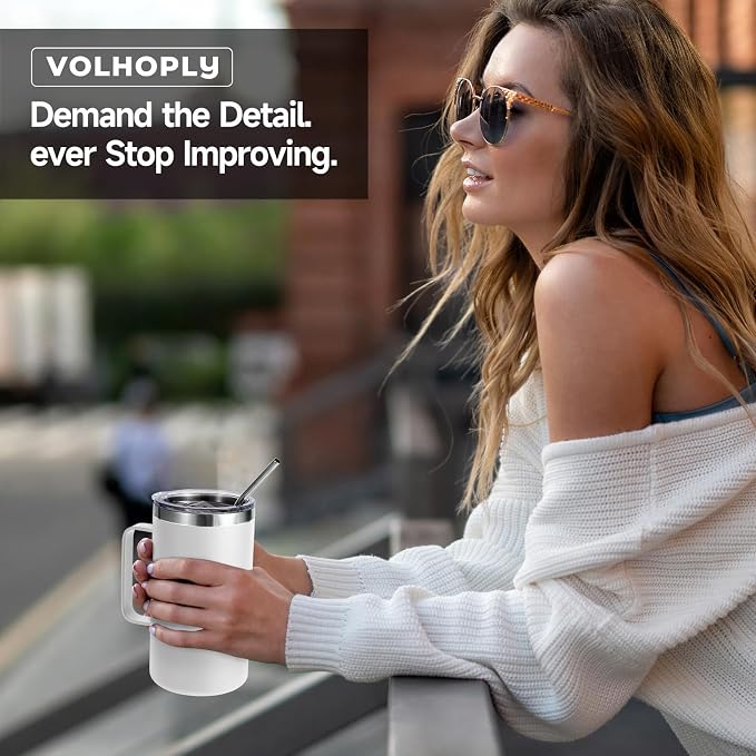 Volhoply 22oz Insulated Stainless Steel Coffee Mugs with Leakproof Lid Bulk 2 Pack,Double Wall Vacuum Travel Coffee Cup with Handle,Reusable Metal Tumbler,Camping Mug Keep Hot&Cold(White,2)