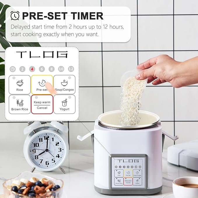 TLOG Mini Rice Cooker, 1.2L with Ceramic-Coated Pot, 2.5-Cup Uncooked | Food steamer, 12-hour delay timer, compact size for 1-2 people, for rice, grains, oatmeal, dorm rooms and travel