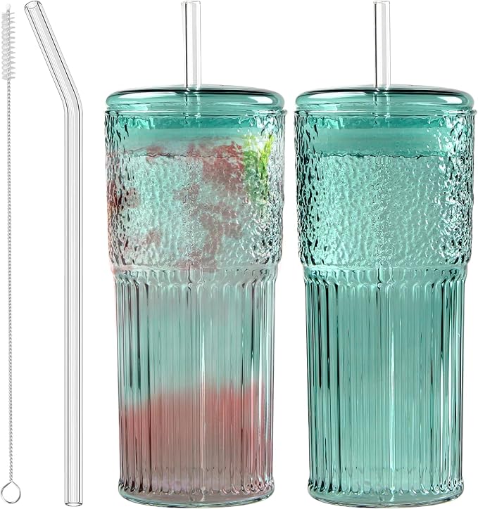 JunVpic Glass Coffee Tumbler, 20 oz Glass Cup with Lid and Straw | Green glass design, Hammered Texture, reusable straw and lid for iced coffee, tea, smoothies and hot & cold drink
