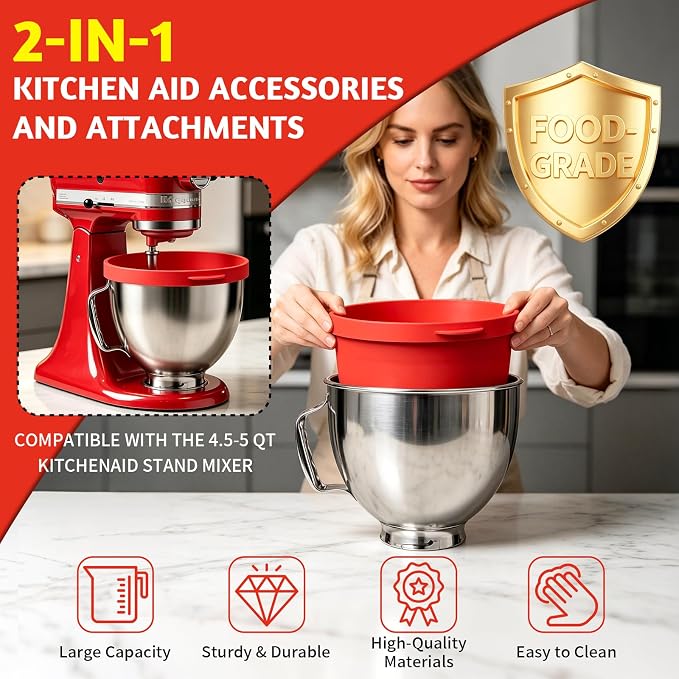 5QT Stainless Steel Mixer Bowl with Silicone Liners For Kitchenaid Mixers, Compatible with Kitchen Aid 4.5-5 Qt Tilt-Head Stand Mixer, Food-Grade Mixing Bowl Attachments for Baking, Cooking & Dough