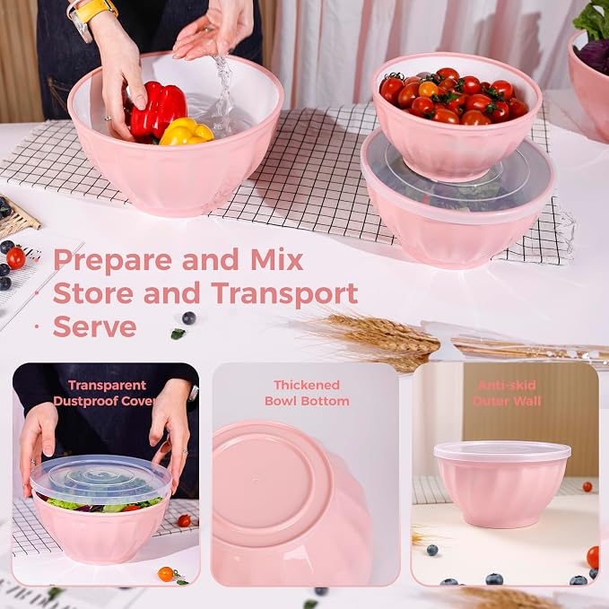 BoxedHome Mixing Bowls with Lids Set, 8 pieces Large 0.2” Thick Plastic Nesting Mixing Bowl, Microwave Safe,Size 5.92, 4.12,3.06,1.80 Quart, Pink