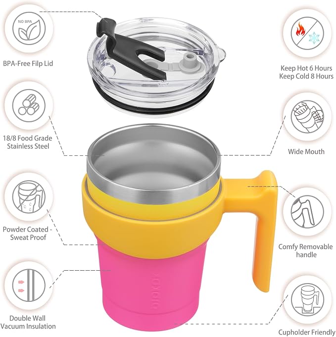 BJPKPK 10 oz Mini Tumbler with Lid, Straw & Handle, Insulated Steel Cup | Small, Spill Proof, Leak Proof, Thermal, Double Wall Vacuum, Sweatproof, Dishwasher Safe, BPA Free, Pink & Yellow Rose