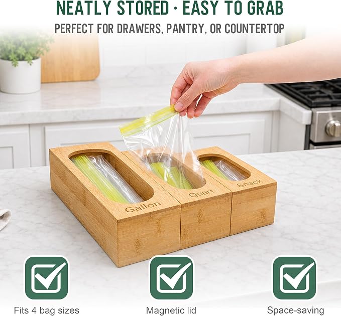 Reclosable Poly Bag Organizer for Kitchen Drawer, 5-Slot | Bamboo, 5 Independent Boxes, Slide Cutter, Magnetic Lid, Space-Saving Drawer Organizer