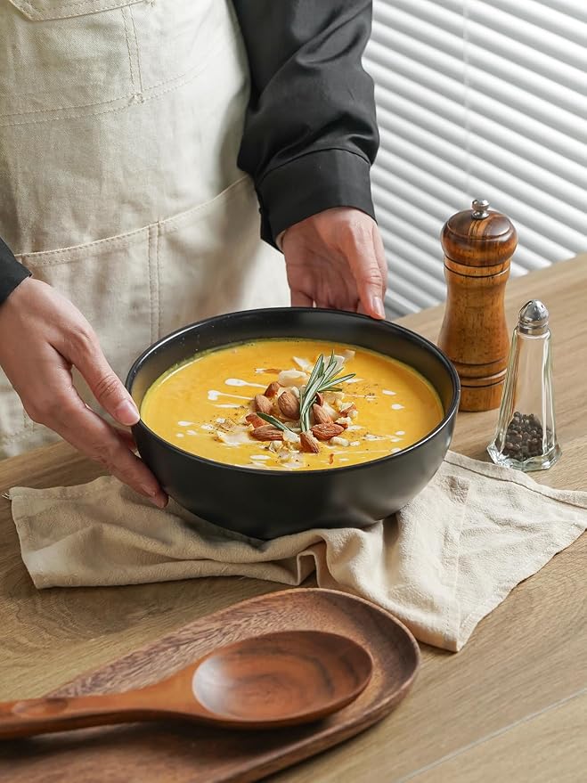 Kanwone Large Serving Bowls - 55 Ounce, Ceramic Salad Bowls, Pasta, Porcelain Soup Bowls, Set of 2, Serving Dishes for Entertaining, Microwave and Dishwasher Safe, Matte Black, Housewarming Gift
