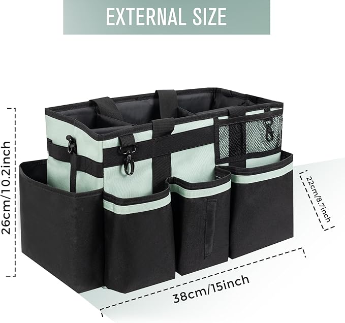 SCAVATA Wearable Cleaning Caddy, Cleaning Caddy Supplies Organizer with Handle & Shoulder Straps for Housekeepers, Under Sink & Car Cleaning Tool Organizers Bag with 4 Foldable Divider (Celadon)
